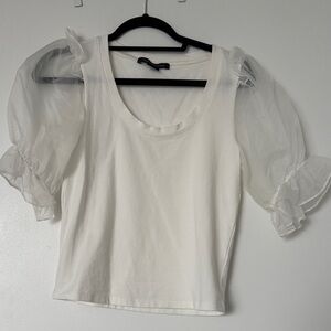French Connection White Sheer Puff Sleeve Blouse
